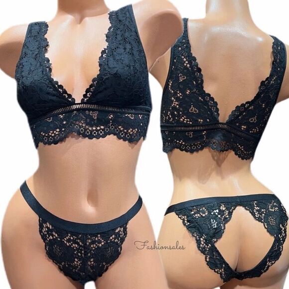 Victorias Secret Body Set Sexy Unlined Lace Bralette & Peekaboo Cheekini panty M - Picture 1 of 4